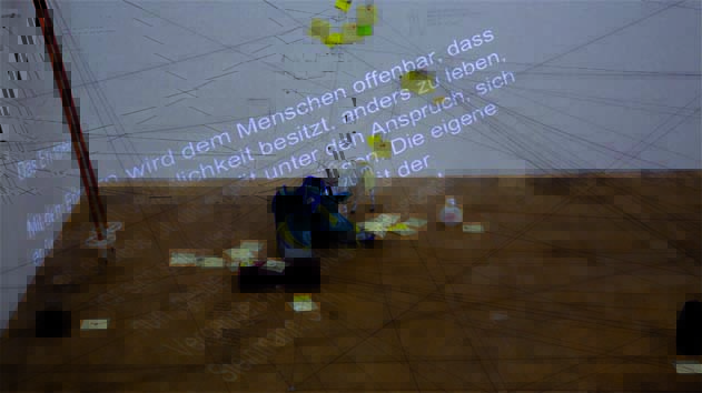 Bilder der Heimat hängt man an die Wand.
Rauminstallation, BA
Abschlussarbeit, HKB Bern, 2009Ausgehend vom persönlichen Arbeitsthema Erinnerung, sind
eigene und gekaufte Gegenständeforschend angeordnet und mit Fäden installativ
zueinander in Bezug gesetzt – analog eines räumlichen Mind- Maps. Dadurch
ausgelöste Gedanken und Assoziationen sind als Notizen in diesem Netz
integriert.
Raumgrösse: 6,5 x 5,3 x 2,7 Meter